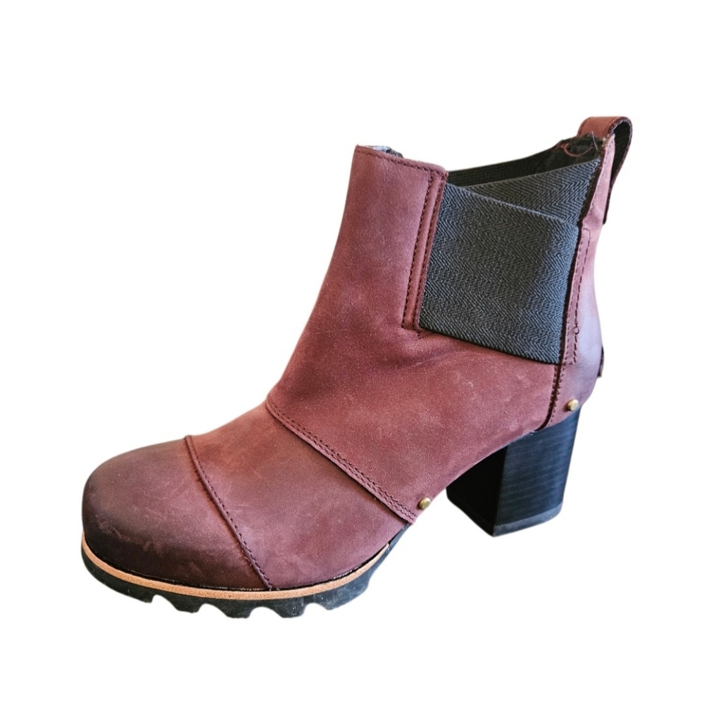 Sorel Addington Burgundy Chelsea Waterproof Leather Block Heel Boots Size 8